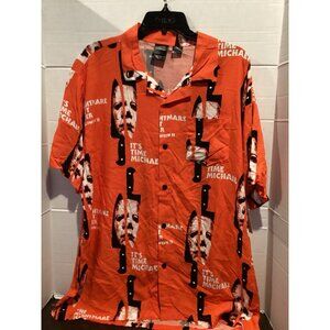 T100-Men’s Orange Graphic Michael Myers Halloween II Button Up Shirt X Large NWT